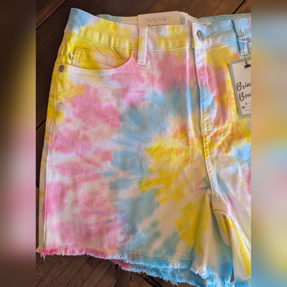 Judy Blue shorts womens large tie dye denim‎ raw hem cutoff high waist stretch - Picture 2 of 10